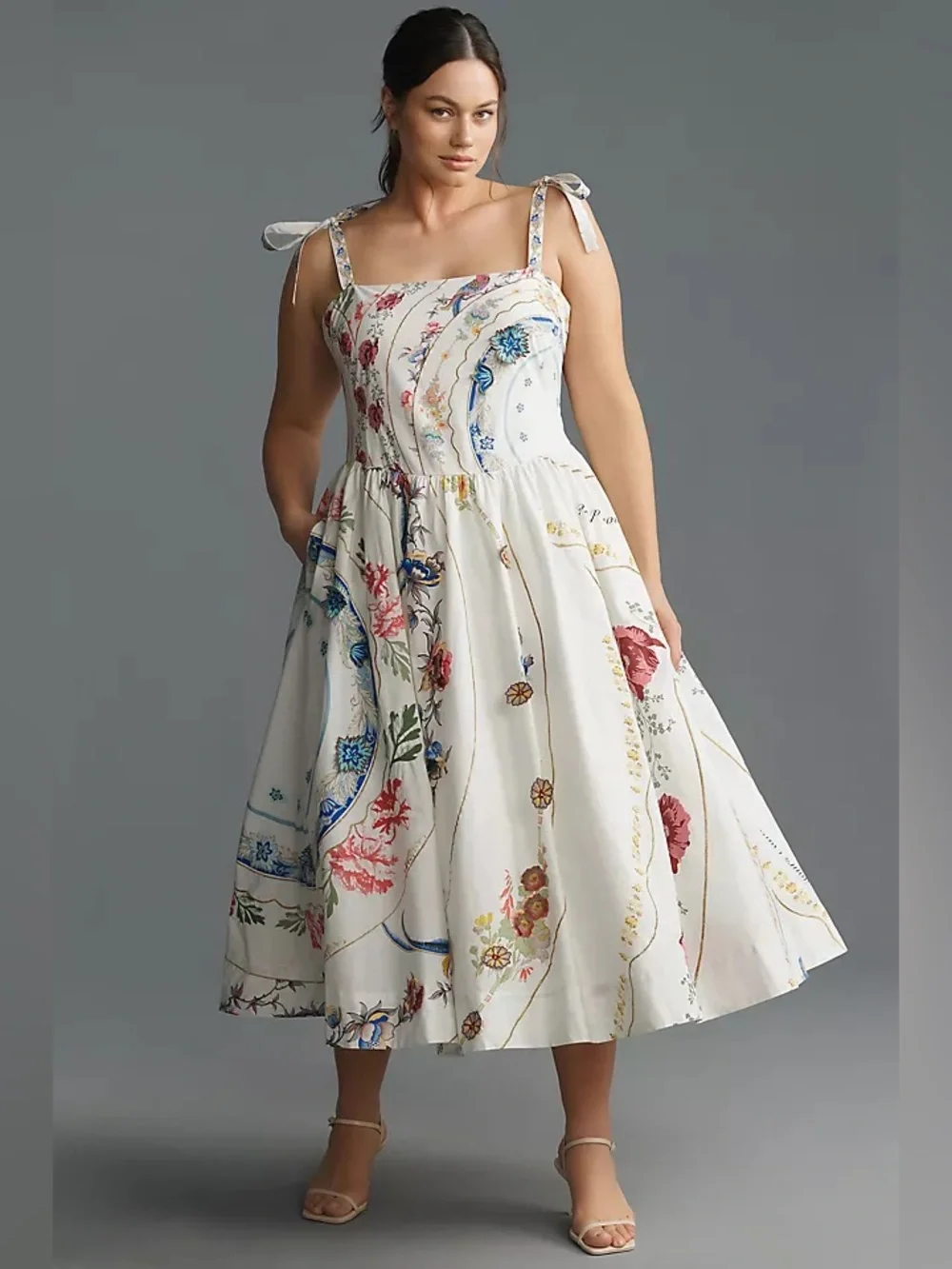 Anthropologie Tie Strap Printed Midi Dress Floral Sundress Birds Large - Picture 1 of 13